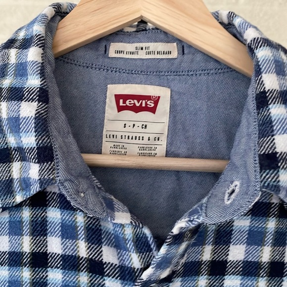 Levi’s Flannel Vintage & Western Style Gingham Blue & White Shirt Men’s SM Slim - Picture 3 of 17